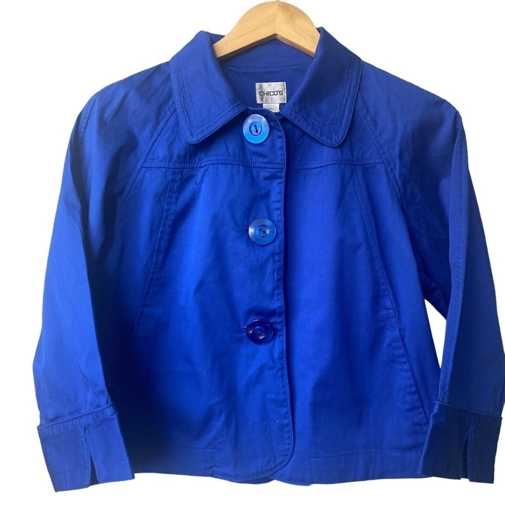 Chicos‎ Blue Vintage Button Front Short Cropped Cotton Jacket Size 1